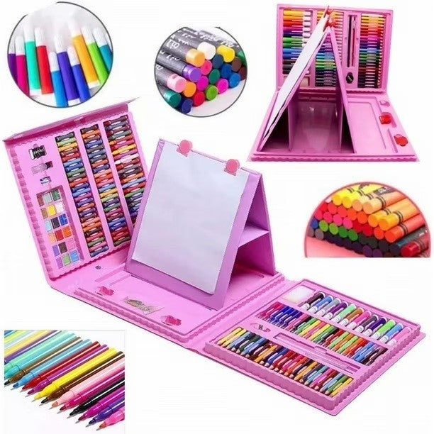 Set 208 Piese, Complet pentru Pictura si Desen, Klevo, Tip Servieta, 3-12 Ani, 32 x 27 x 5 cm, Roz