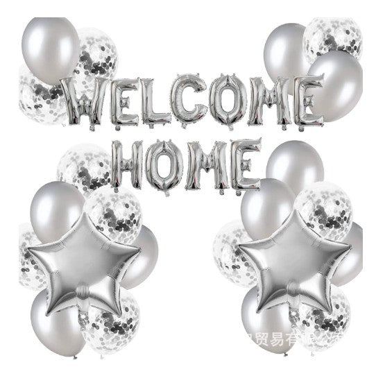 Set baloane folie si latex, Klevo, WELCOME HOME, 22 de piese, 20 baloane latex, 2 baloane stea Folie, 1 set Welcome Home, Argintiu
