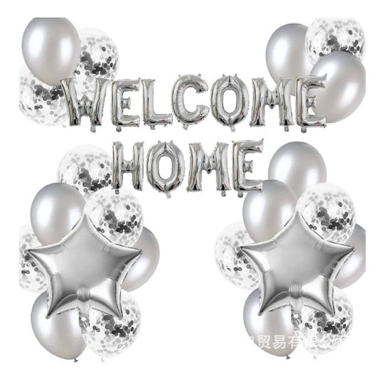 Set baloane folie si latex, Klevo, WELCOME HOME, 22 de piese, 20 baloane latex, 2 baloane stea Folie, 1 set Welcome Home, Argintiu