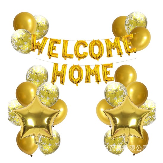 Set baloane folie si latex, Klevo, WELCOME HOME, 22 de piese, 20 baloane latex, 2 baloane stea Folie, 1 set Welcome Home, Auriu