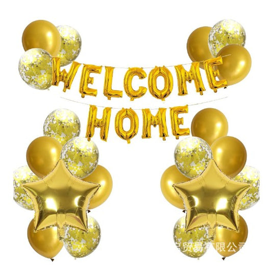 Set baloane folie si latex, Klevo, WELCOME HOME, 22 de piese, 20 baloane latex, 2 baloane stea Folie, 1 set Welcome Home, Auriu
