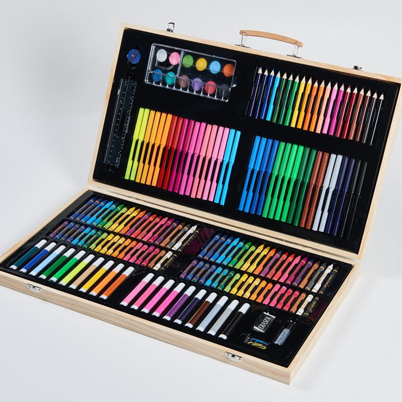 Set 220 Piese pentru Desen si Pictura, Klevo, Tip Servieta din Lemn, Model Natur, 48 x 30 x 5 cm, Multicolor