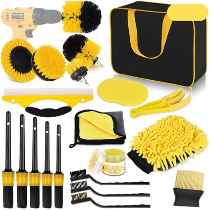 Set 23 Accesorii pentru Curatare Auto, Klevo, din PP si Microfibra, Interior/Exterior, 30 x 24 x 12 cm, Galben/Negru