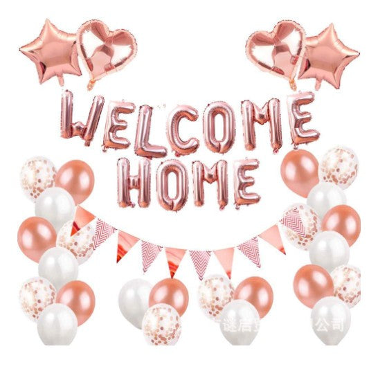 Set baloane folie si latex, Klevo, WELCOME HOME, 24 de piese, 20 baloane latex, 4 baloane stea Folie, 1 set Welcome Home, Rose gold metal