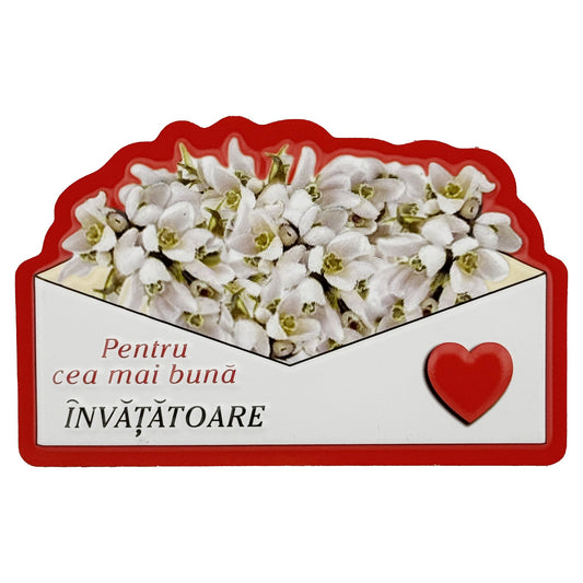 Martisor pentru Invatatoare, Klevo, Set 24 Bucati, Magnet Martisor pentru Frigider, Mesaj pentru Invatatoare, 10 x 6 cm, Alb Rosu
