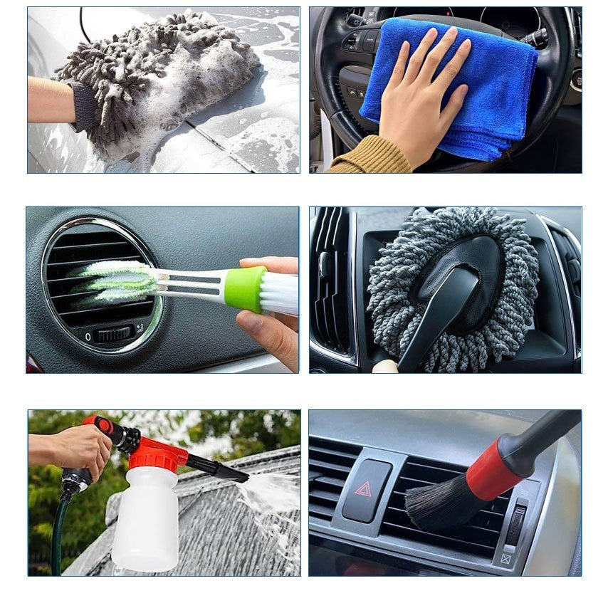 Set 25 Accesorii pentru Curatare Auto, Klevo, din PP si Microfibra, Interior/Exterior, 30 x 24 x 12 cm, Albastru/Negru
