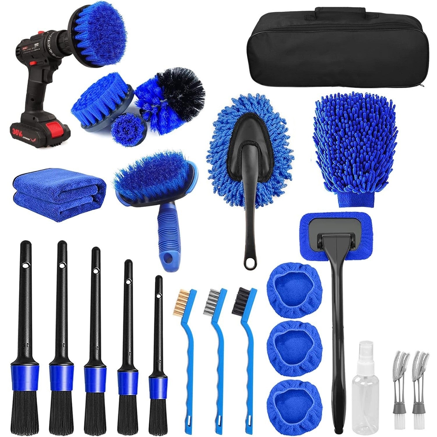 Set 25 Accesorii pentru Curatare Auto, Klevo, din PP si Microfibra, Interior/Exterior, 30 x 24 x 12 cm, Albastru/Negru