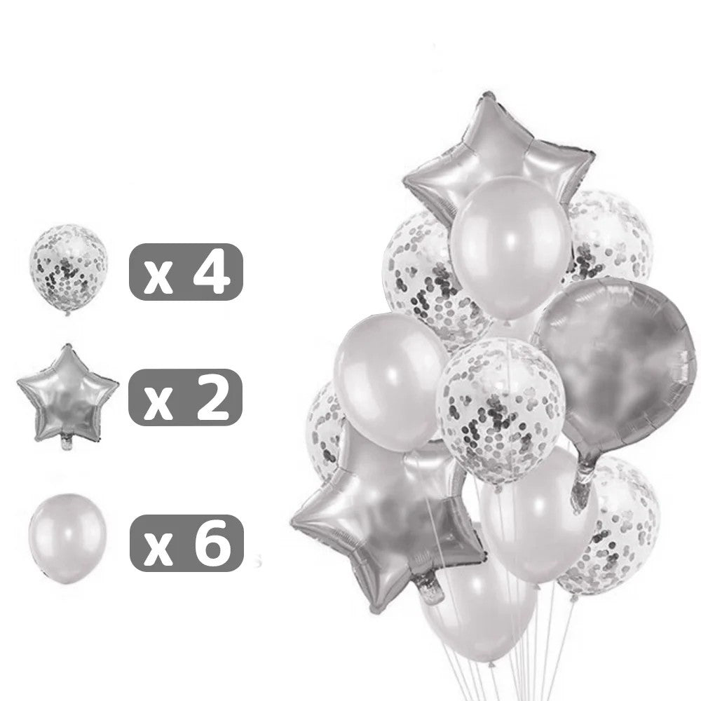 Set 25 de Baloane din Folie Metalizata si Latex, Klevo, Figurine 2 Stele, 4 Baloane Confetti, 13 Litere, 6 Latex, Model Happy Birthday, Tema Aniversare, 40 cm, Ambalaj Individual, Pai Inclus, Umflare cu Aer sau Heliu, Argintiu
