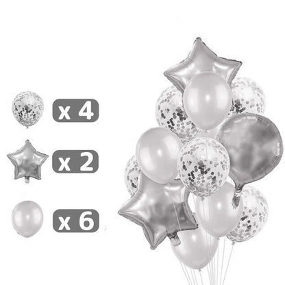 Set 25 de Baloane din Folie Metalizata si Latex, Klevo, Figurine 2 Stele, 4 Baloane Confetti, 13 Litere, 6 Latex, Model Happy Birthday, Tema Aniversare, 40 cm, Ambalaj Individual, Pai Inclus, Umflare cu Aer sau Heliu, Argintiu
