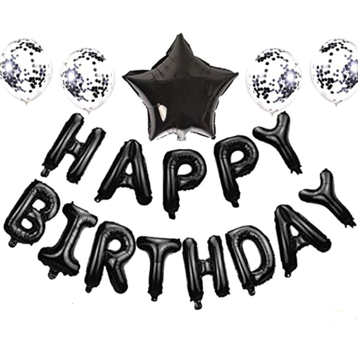 Set 25 de Baloane din Folie Metalizata si Latex, Klevo, Figurine 2 Stele, 4 Baloane Confetti, 13 Litere, 6 Latex, Model Happy Birthday, Tema Aniversare, 40 cm, Ambalaj Individual, Pai Inclus, Umflare cu Aer sau Heliu, Negru
