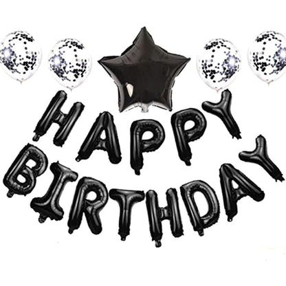 Set 25 de Baloane din Folie Metalizata si Latex, Klevo, Figurine 2 Stele, 4 Baloane Confetti, 13 Litere, 6 Latex, Model Happy Birthday, Tema Aniversare, 40 cm, Ambalaj Individual, Pai Inclus, Umflare cu Aer sau Heliu, Negru