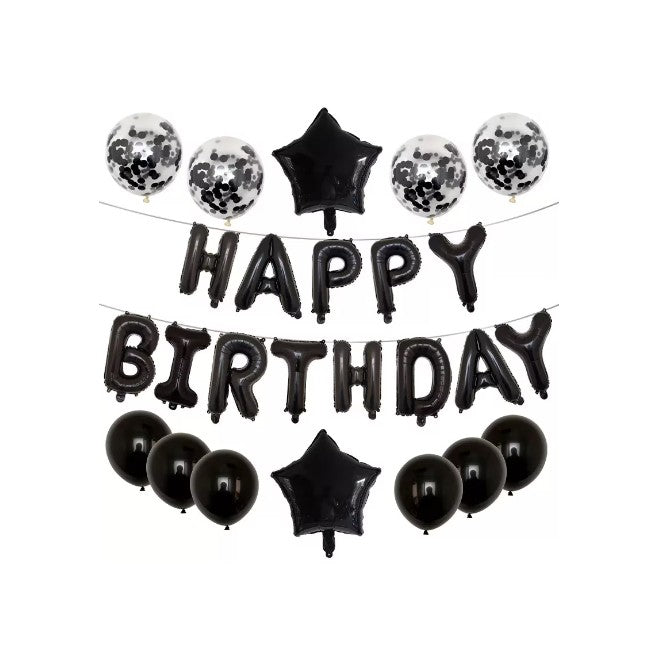 Set 25 de Baloane din Folie Metalizata si Latex, Klevo, Figurine 2 Stele, 4 Baloane Confetti, 13 Litere, 6 Latex, Model Happy Birthday, Tema Aniversare, 40 cm, Ambalaj Individual, Pai Inclus, Umflare cu Aer sau Heliu, Negru