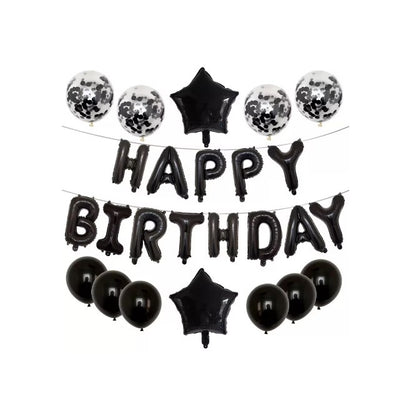 Set 25 de Baloane din Folie Metalizata si Latex, Klevo, Figurine 2 Stele, 4 Baloane Confetti, 13 Litere, 6 Latex, Model Happy Birthday, Tema Aniversare, 40 cm, Ambalaj Individual, Pai Inclus, Umflare cu Aer sau Heliu, Negru