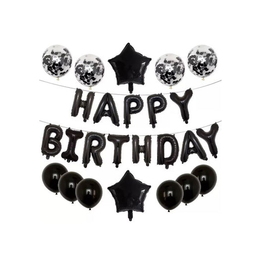 Set 25 de Baloane din Folie Metalizata si Latex, Klevo, Figurine 2 Stele, 4 Baloane Confetti, 13 Litere, 6 Latex, Model Happy Birthday, Tema Aniversare, 40 cm, Ambalaj Individual, Pai Inclus, Umflare cu Aer sau Heliu, Negru