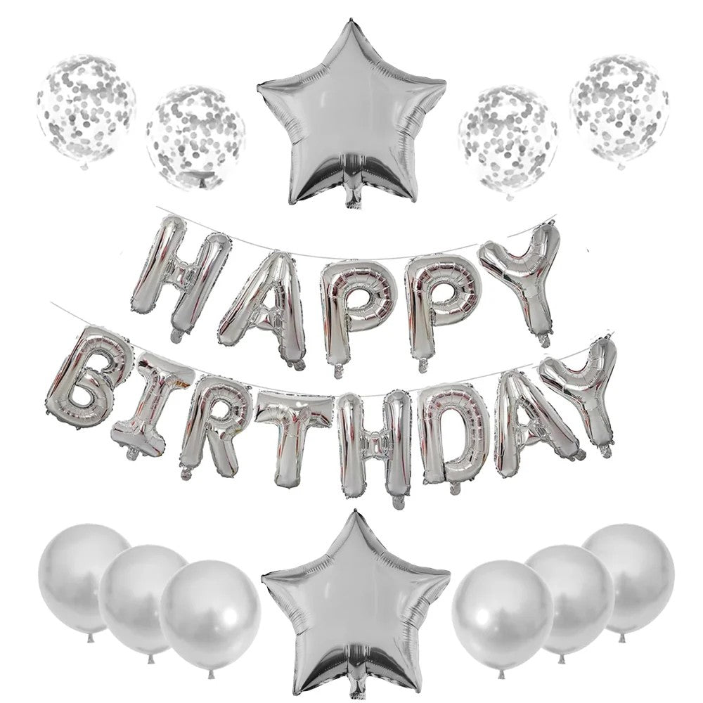 Set 25 de Baloane din Folie Metalizata si Latex, Klevo, Figurine 2 Stele, 4 Baloane Confetti, 13 Litere, 6 Latex, Model Happy Birthday, Tema Aniversare, 40 cm, Ambalaj Individual, Pai Inclus, Umflare cu Aer sau Heliu, Argintiu