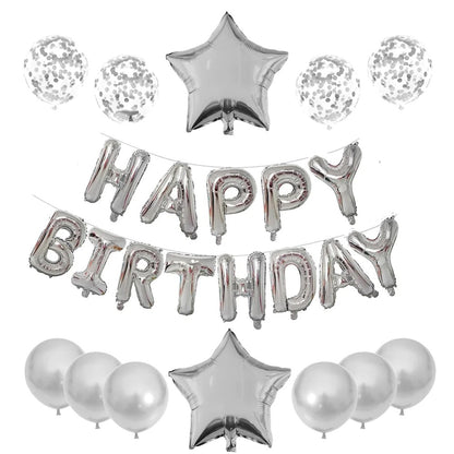 Set 25 de Baloane din Folie Metalizata si Latex, Klevo, Figurine 2 Stele, 4 Baloane Confetti, 13 Litere, 6 Latex, Model Happy Birthday, Tema Aniversare, 40 cm, Ambalaj Individual, Pai Inclus, Umflare cu Aer sau Heliu, Argintiu