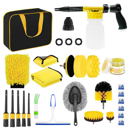 Set 26 Accesorii pentru Curatare Auto, Klevo, din PP si Microfibra, Interior/Exterior, 30.5 x 27.5 x 16 cm, Galben/Negru