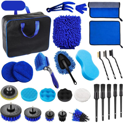Set 29 Accesorii pentru Curatare Auto, Klevo, din PP si Microfibra, Interior/Exterior, 30 x 24 x 12 cm, Albastru/Negru