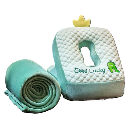 Set 2in1 Patura Microfibra si Perna din Spuma, Klevo, pentru Birou, Calatorii, Pauze, Model Dinozaur, Microfibra, 1x1.7 m, 30x35x30 cm, Verde