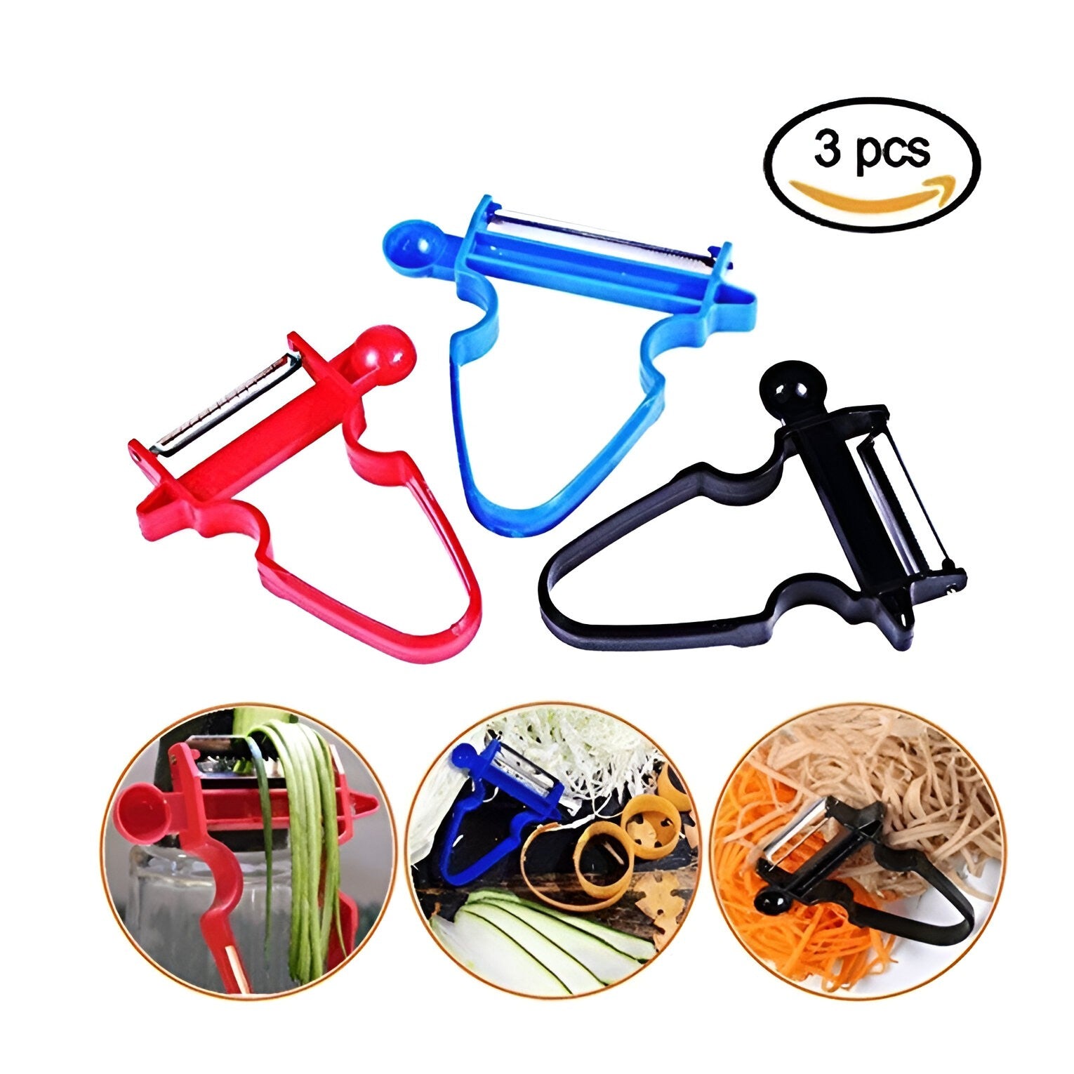 Set 3 Accesorii de Decojire, Razuire si Feliere, Klevo, pentru Legume si Fructe, Negru-Rosu-Albastru