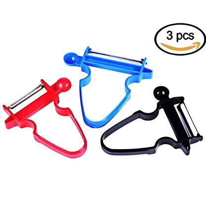 Set 3 Accesorii de Decojire, Razuire si Feliere, Klevo, pentru Legume si Fructe, Negru-Rosu-Albastru