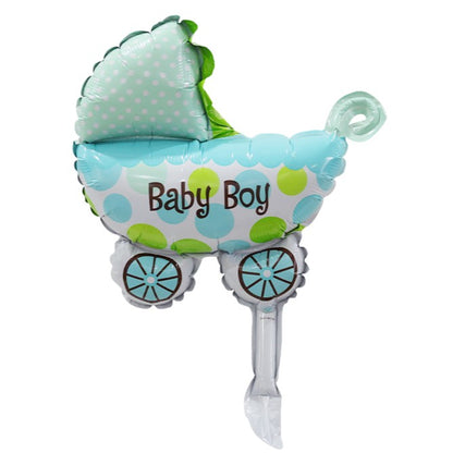 Set 3 Baloane din Folie Metalizata, Klevo, Figurine Carucior, Inima, Fundita, Tema Botez, 45 cm, Ambalaj Individual, Pai Inclus, Umflare cu Aer sau Heliu, Albastru