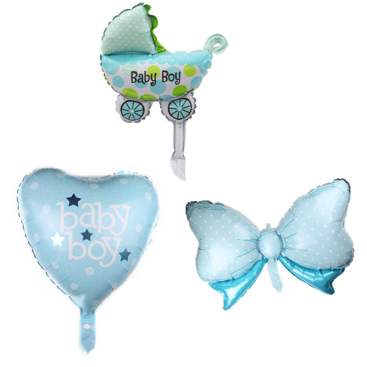 Set 3 Baloane din Folie Metalizata, Klevo, Figurine Carucior, Inima, Fundita, Tema Botez, 45 cm, Ambalaj Individual, Pai Inclus, Umflare cu Aer sau Heliu, Albastru