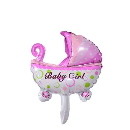 Set 3 Baloane din Folie Metalizata, Klevo, Figurine Carucior, Inima, Fundita, Tema Botez, 45 cm, Ambalaj Individual, Pai Inclus, Umflare cu Aer sau Heliu, Roz