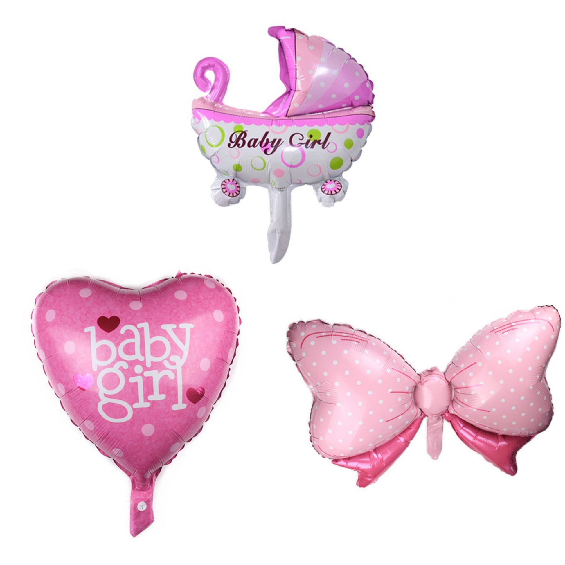 Set 3 Baloane din Folie Metalizata, Klevo, Figurine Carucior, Inima, Fundita, Tema Botez, 45 cm, Ambalaj Individual, Pai Inclus, Umflare cu Aer sau Heliu, Roz
