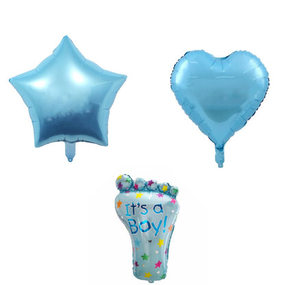 Set 3 Baloane din Folie Metalizata, Klevo, Figurine Picior 46x79 cm, Inima 45cm, Stea 45cm, Model It's a Boy, Tema Gender Reveal, Ambalaj Individual, Pai Inclus, Umflare cu Aer sau Heliu, Albastru