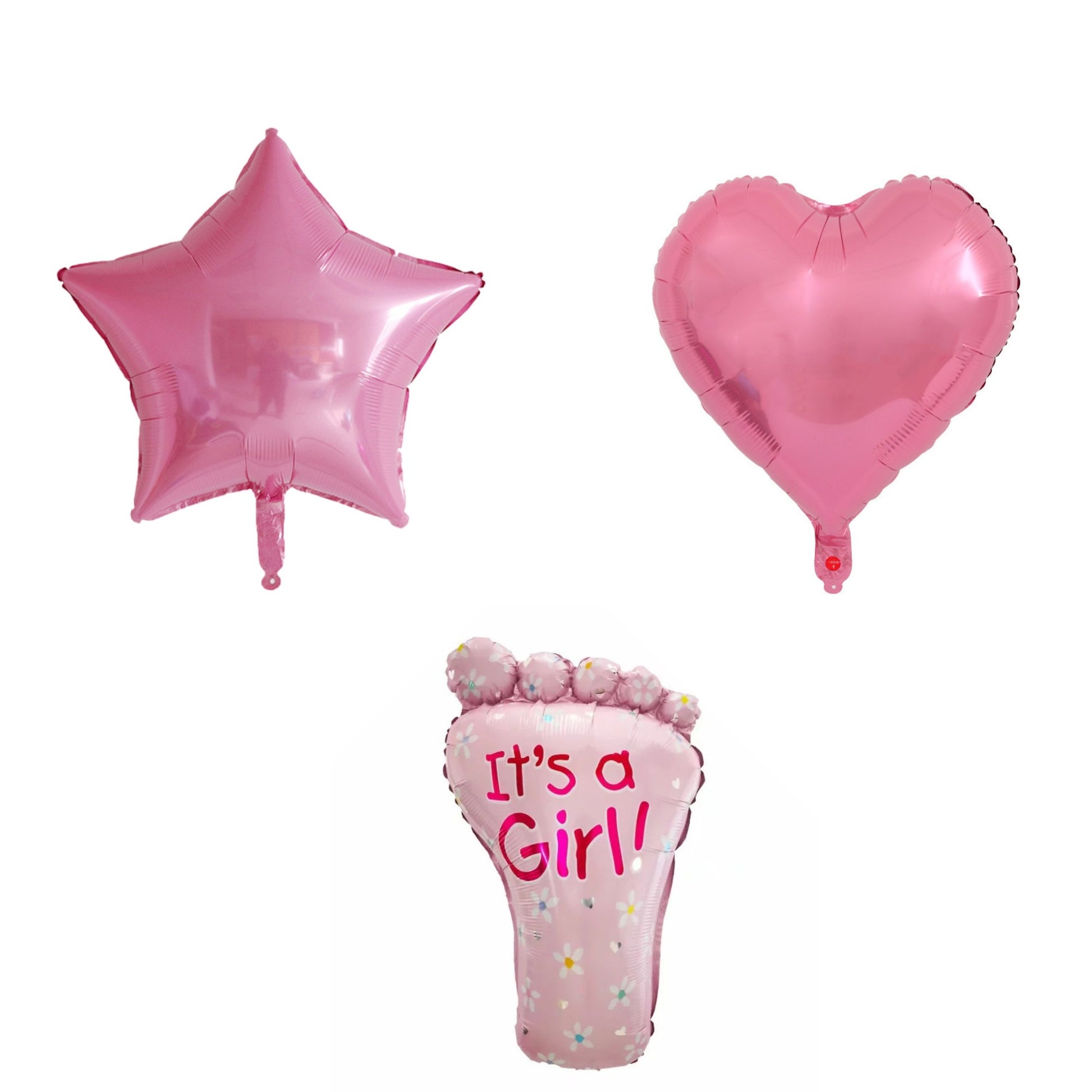 Set 3 Baloane din Folie Metalizata, Klevo, Figurine Picior 46x79 cm, Inima 45 cm, Stea 45cm, Model It's a Girl, Tema Gender Reveal, Ambalaj Individual, Pai Inclus, Umflare cu Aer sau Heliu, Roz