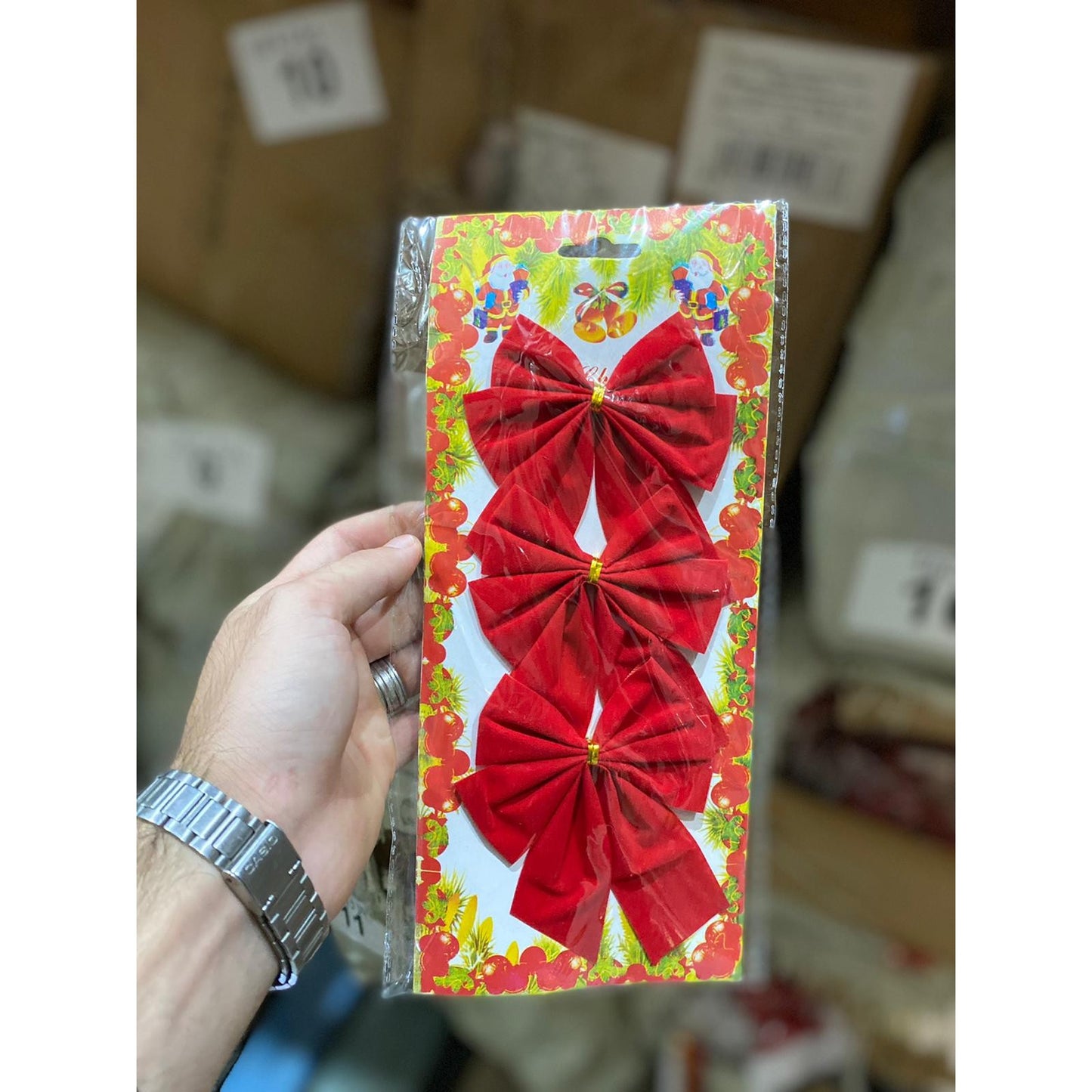 Set 3 fundite pentru brad, Rosii, design cu linii aurii , 11 x 14 cm, din poliester, Klevo