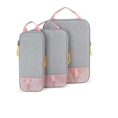 Set 3 Genti de Calatorie Klevo, Pentru Depozitare, Compresibile, 3 Dimensiuni, Mic, Mediu, Mare, Impermeabile, Fermoar Dublu, Roz