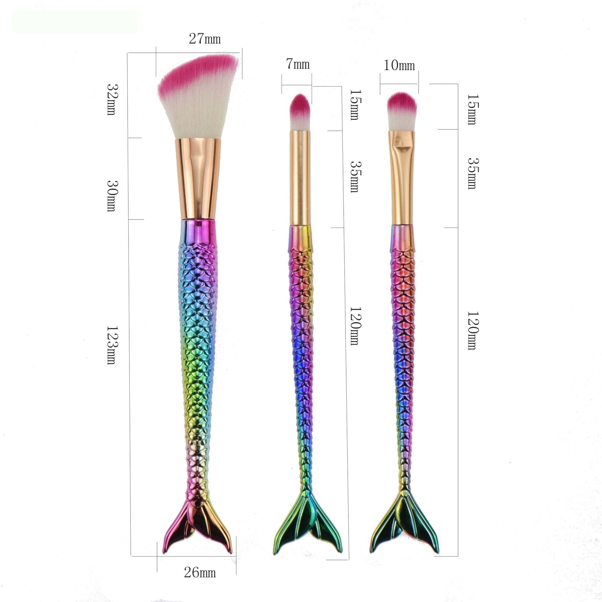 Set 3 Pensule pentru Machiaj Klevo, in Forma de Sirena, Electroplacate, Detalii Fine, Maner Ergonomic, Peri din Fibra Moale, Multicolor