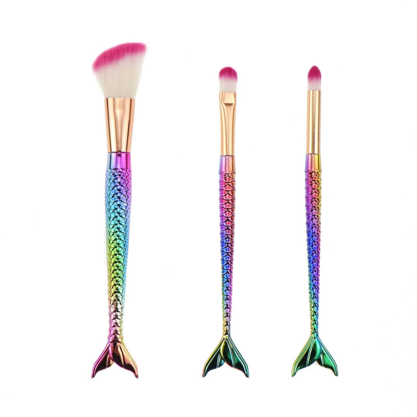 Set 3 Pensule pentru Machiaj Klevo, in Forma de Sirena, Electroplacate, Detalii Fine, Maner Ergonomic, Peri din Fibra Moale, Multicolor