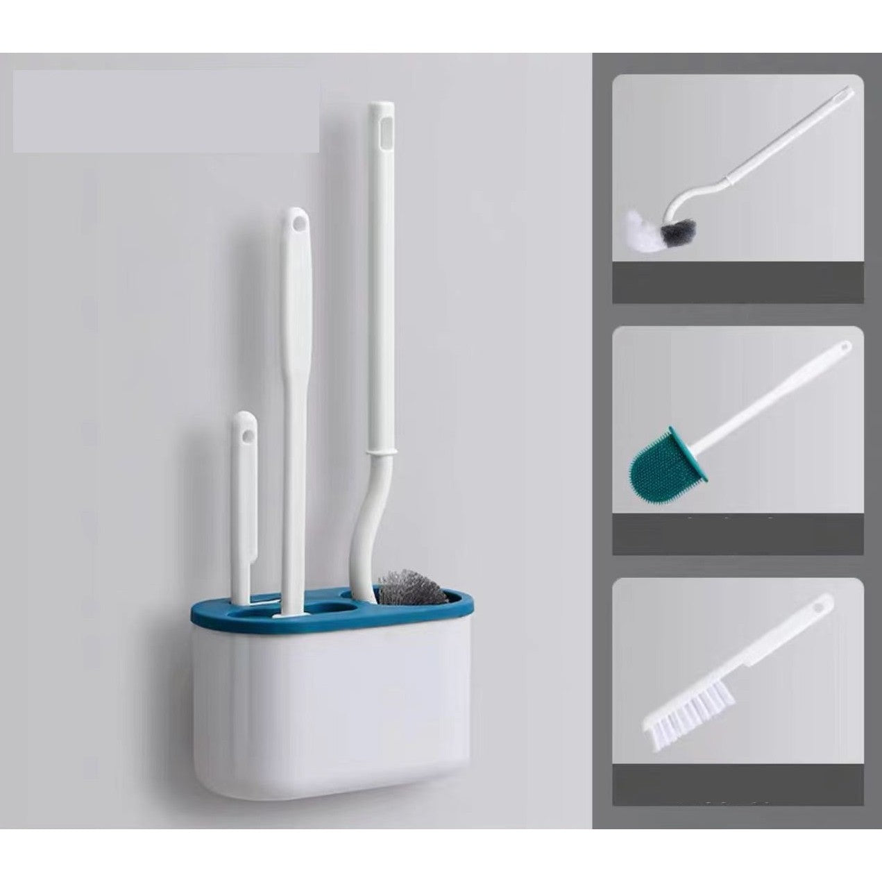 Set 3 Perii pentru Toaleta, Klevo, din Silicon, Perie Zimtata, Cap Flexibil, Suport Adeziv pentru Montarea pe Perete, 39 x 19 x 9.8 cm, Albastru/Alb