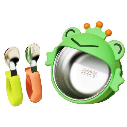 Set 3 Piese Diversificare Bebelusi si Copii, Klevo, Bol, Lingura si Furculita, Model Broscuta, din Silicon si Otel Inoxidabil, Verde