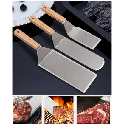 Set 3 spatule pentru gratar Klevo, din metal, margini subtiri, suprafata antiaderenta, rezistente la temperaturi ridicate, maner ergonomic din lemn, 3 forme, agatatoare, gri