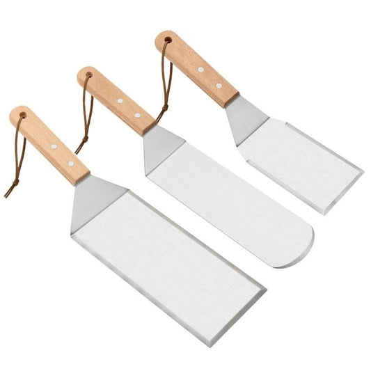 Set 3 spatule pentru gratar Klevo, din metal, margini subtiri, suprafata antiaderenta, rezistente la temperaturi ridicate, maner ergonomic din lemn, 3 forme, agatatoare, gri