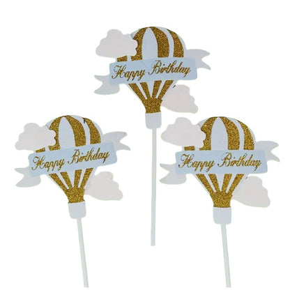 Set 3 Toppere pentru Tort, Klevo, Model Balon cu Aer Cald Happy Birthday, Tematica Aniversare, Albastru