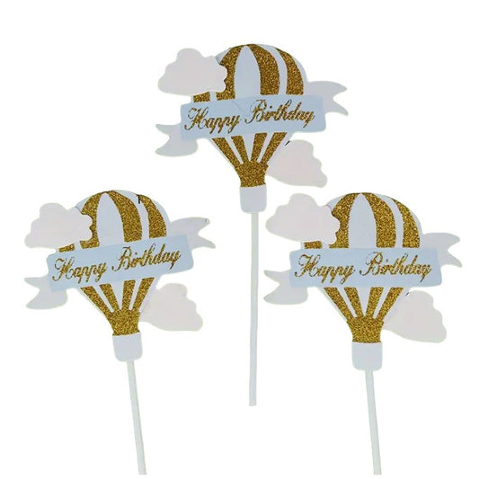 Set 3 Toppere pentru Tort, Klevo, Model Balon cu Aer Cald Happy Birthday, Tematica Aniversare, Albastru