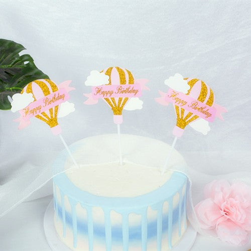Set 3 Toppere pentru Tort, Klevo, Model Balon cu Aer Cald Happy Birthday, Tematica Aniversare, Roz