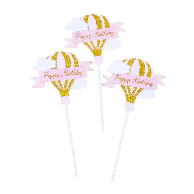 Set 3 Toppere pentru Tort, Klevo, Model Balon cu Aer Cald Happy Birthday, Tematica Aniversare, Roz