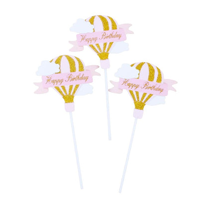 Set 3 Toppere pentru Tort, Klevo, Model Balon cu Aer Cald Happy Birthday, Tematica Aniversare, Roz