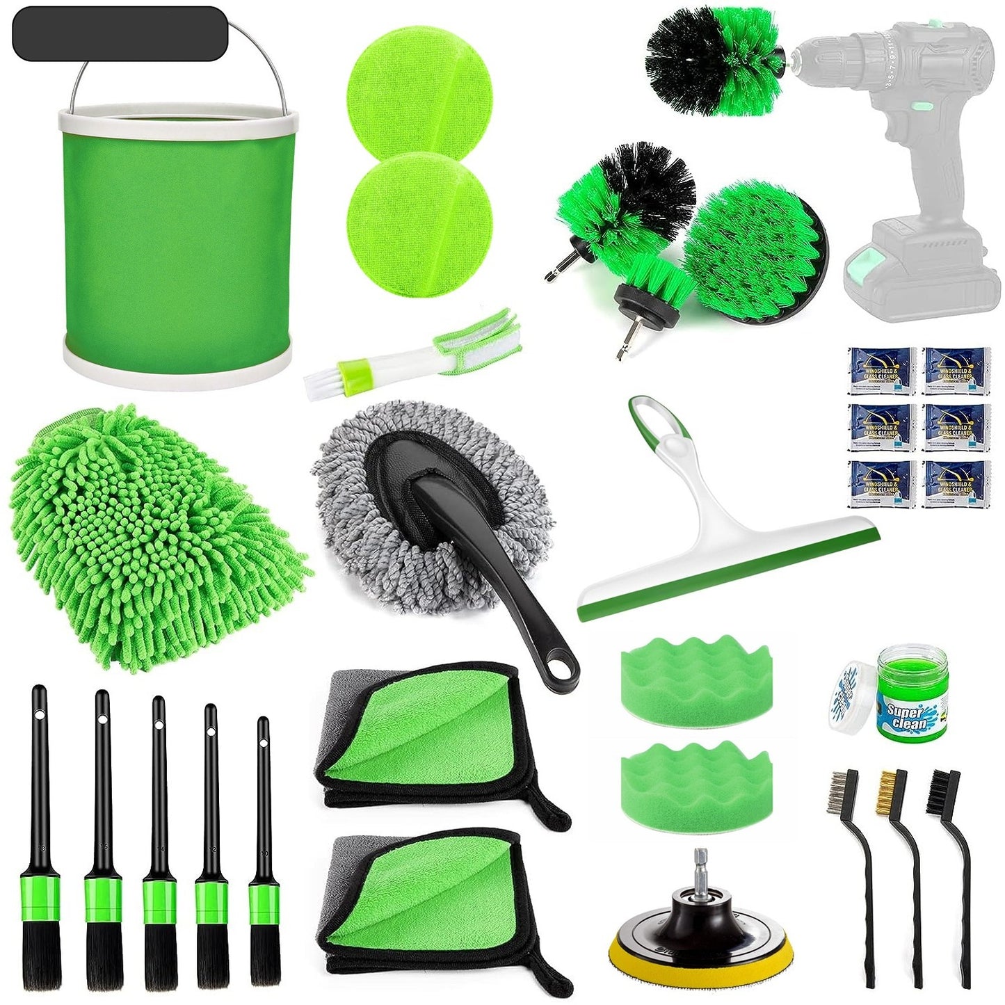 Set 30 Accesorii pentru Curatare Auto, Klevo, din PP si Microfibra, Interior/Exterior, 30 x 24 x 12 cm, Verde