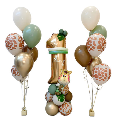 Set 30 Baloane Folie si Latex, Klevo, Tematica Prima Aniversare, Baloane Latex 30cm, 25cm, Figurina Girafa 32x34 cm, Frunza Palmier 15 cm, Cifra 1 76 cm, Multicolor