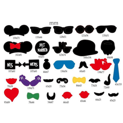 Set 31 de Accesorii pentru Petrecere, Klevo, Props pentru Coltul de Poze, Ochelari, Palarii, Mustata, Cravata, Tematica Nunta, Multicolor