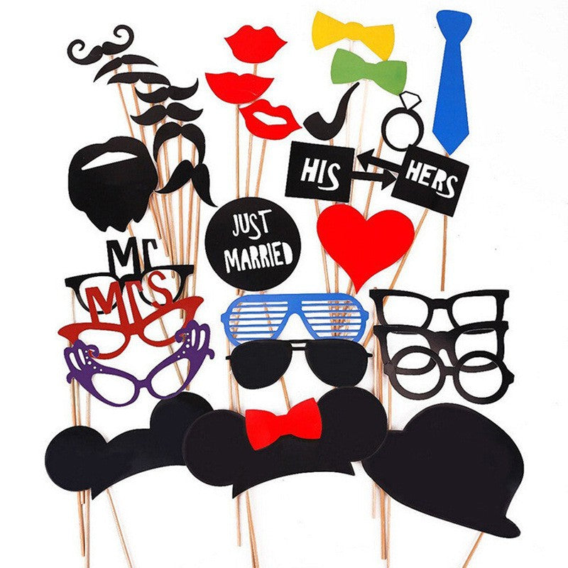 Set 31 de Accesorii pentru Petrecere, Klevo, Props pentru Coltul de Poze, Ochelari, Palarii, Mustata, Cravata, Tematica Nunta, Multicolor