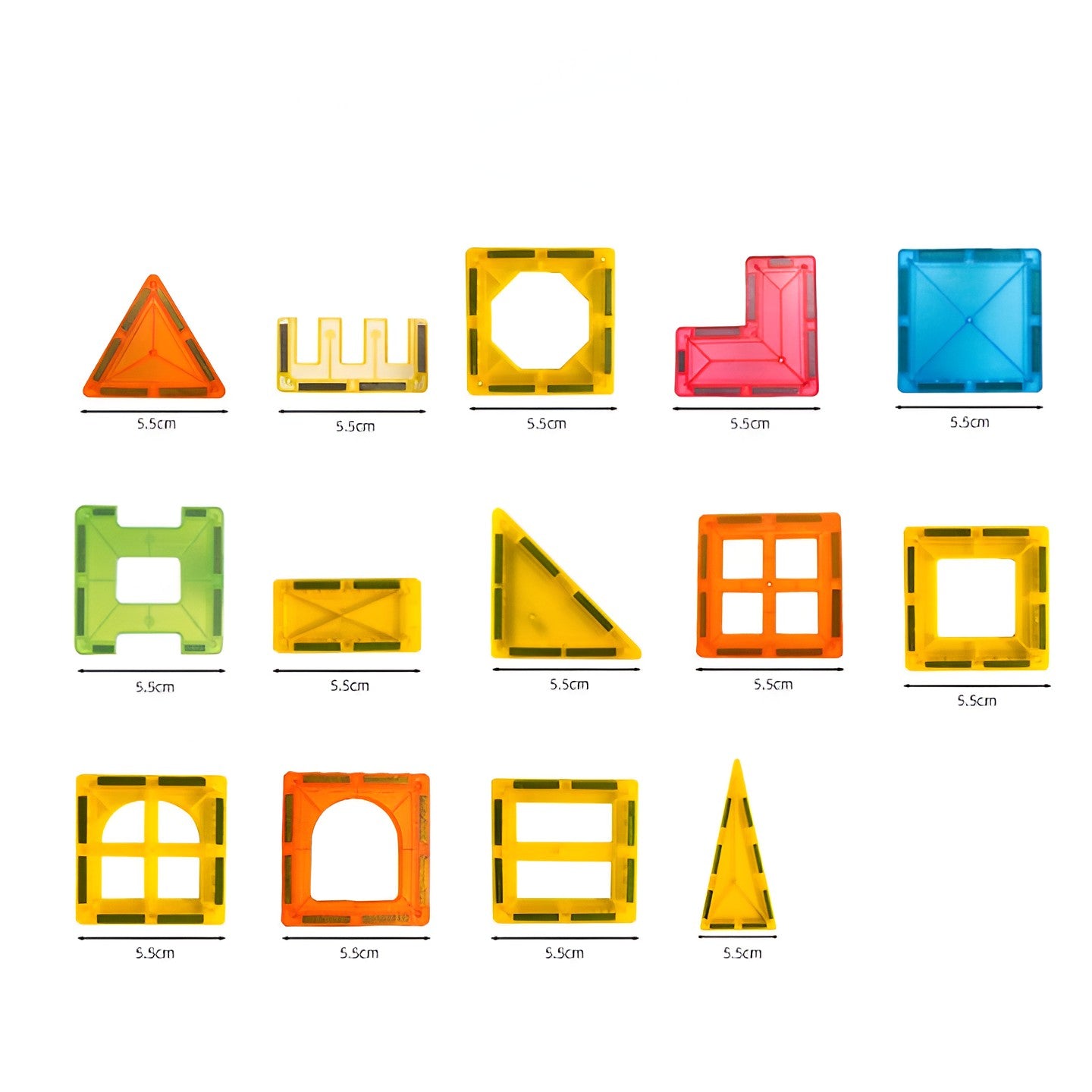 Set 32 Piese Magnetice de Constructie, Klevo, Piese 5.5 cm, Magnetic Tiles, Forme Geometrice, 3 Ani, ABS, Magnet, 20.5 x 14.5 x 12 cm, Multicolor