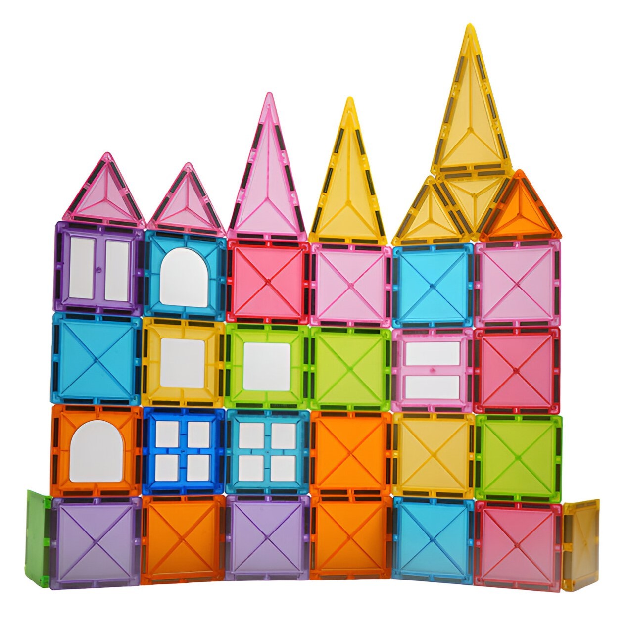 Set 32 Piese Magnetice de Constructie, Klevo, Piese 5.5 cm, Magnetic Tiles, Forme Geometrice, 3 Ani, ABS, Magnet, 20.5 x 14.5 x 12 cm, Multicolor
